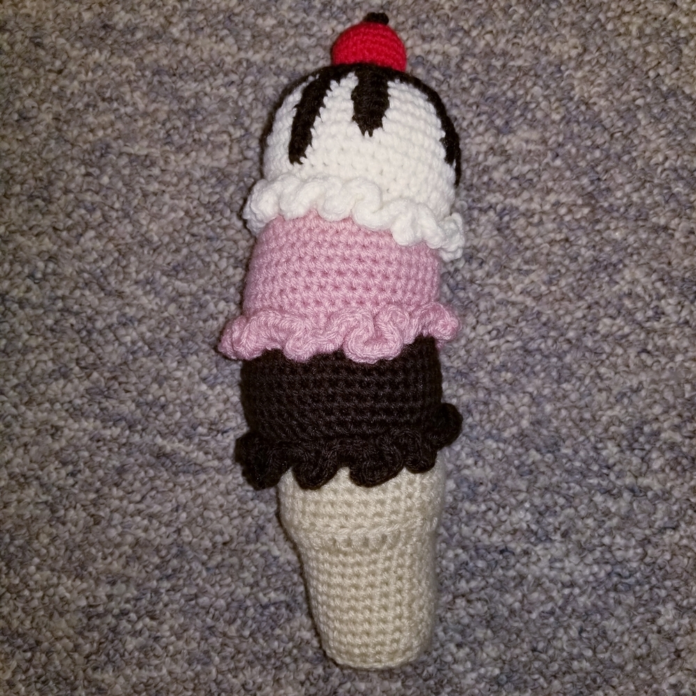 OOAK NEW Handmade Crochet Squishy Double Scoop Ice Cream Cone 13" Lovie Giftable
